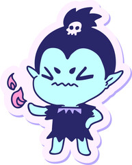 freehand drawn sticker cartoon of cute kawaii vampire girl in bright neon color
