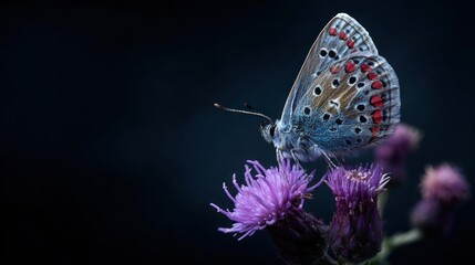 Obraz premium Blue butterfly with red spots rests on vibrant purple thistle against dark backdrop