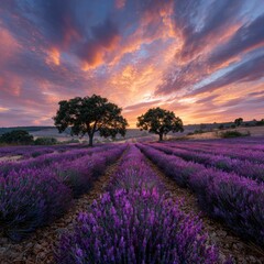 Sunset over a lavender field, filling the sky with pink and orange-