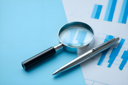 Magnifying glass and pen analyzing financial business charts on blue background