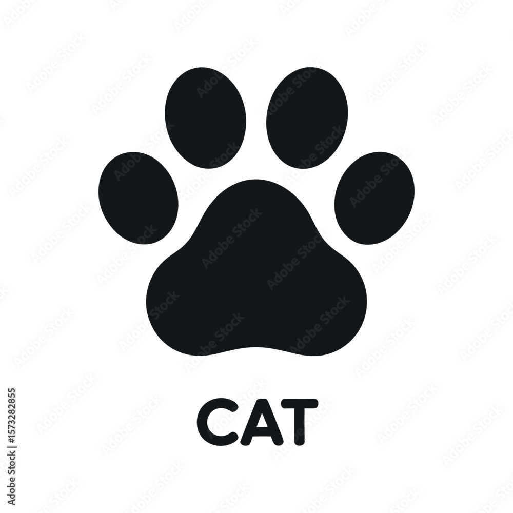 Poster a simple black silhouette of a cat paw print with the word cat written below it on a white backgroun