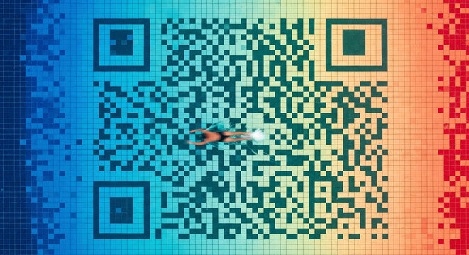 Aerial view presents a swimmer in a vibrant tiled swimming pool designed as a scannable QR code.