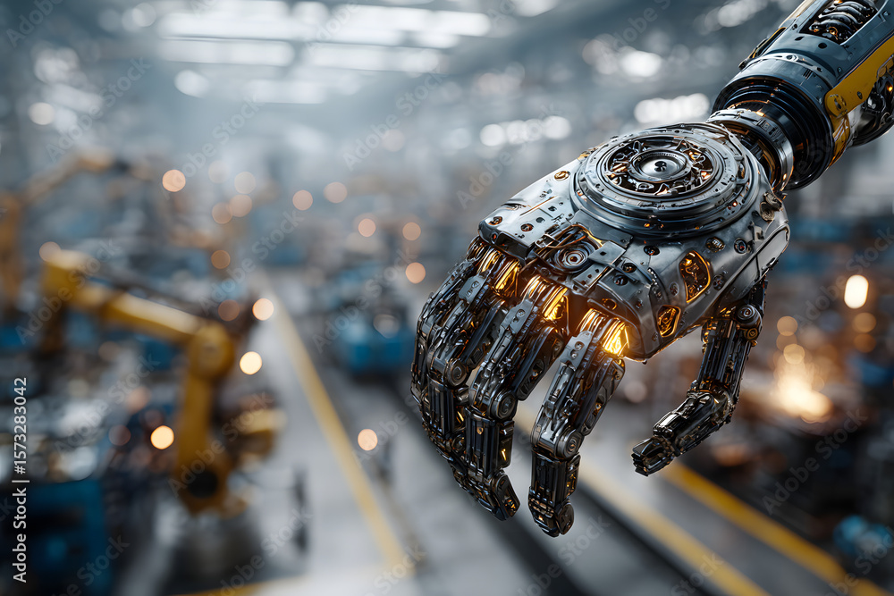 Poster a sophisticated robotic arm showcases cutting-edge technology in a modern factory setting. its intri