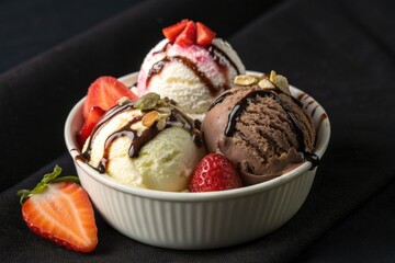 Three Ice Cream Scoops Vanilla Chocolate Strawberry Toppings Nuts Chocolate Sauce image