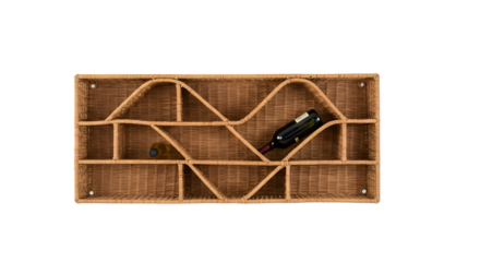 A top-down view of a stylish wicker wine rack displaying various compartments, with a wine bottle and corks in a modern kitchen setting