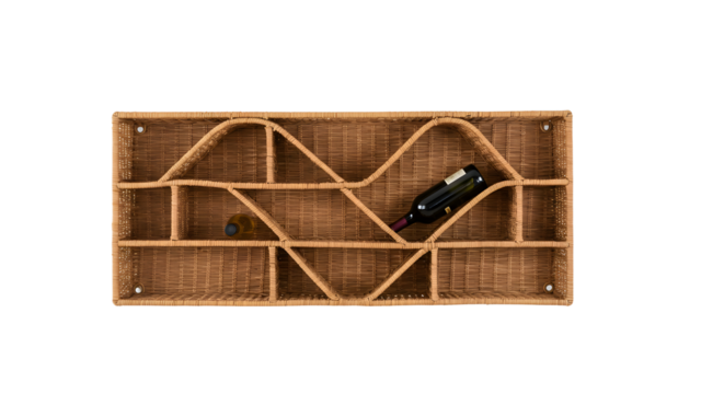 A top-down view of a stylish wicker wine rack displaying various compartments, with a wine bottle and corks in a modern kitchen setting