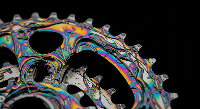 Striking close-up of a vibrant anodized bicycle chainring showcasing a rainbow swirl effect on a dark background.