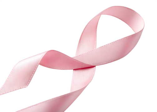 A flowing pink ribbon, a symbol of breast cancer awareness, is elegantly twisted and curved isolated on transparent background