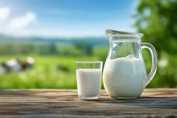 Glass pitcher and glass of fresh milk on rustic wooden table with green farm background.