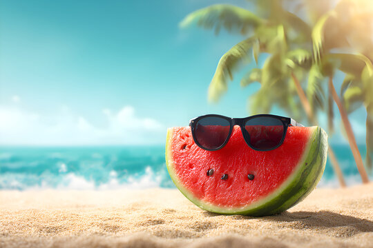 Watermelon slice wearing sunglasses is chilling on a tropical beach