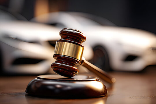 Judge's gavel striking sound block with blurry car in background symbolizing vehicle auction or confiscation