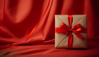 Minimalist scene highlighting a brown paper gift box tied with a vibrant red satin ribbon, set beautifully against flowing red fabric, evoking elegance, warmth, and celebration.copy space