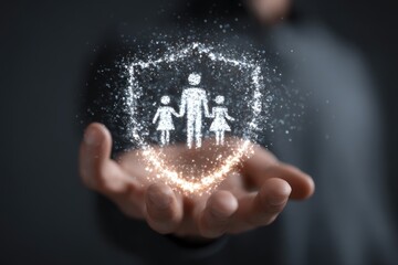 Hand Holding Glowing Family Icon with Digital Shield for Security Concept