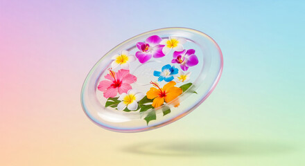 Tropical flowers in a glass bowl filled with water create a serene and vibrant floral arrangement against pastel backdrop.