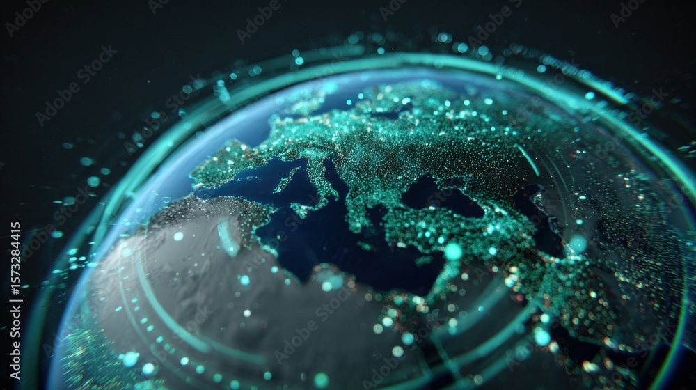 Poster futuristic holographic globe with global coverage zones and data nodes