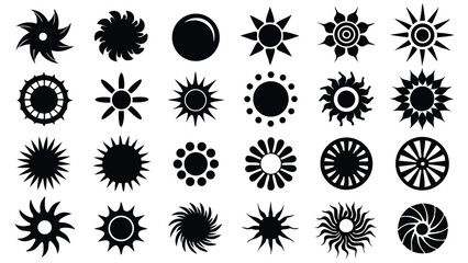 Collection of 28 Sun Icons Black and White Sunburst and Starburst Vector Graphics for Design Projects