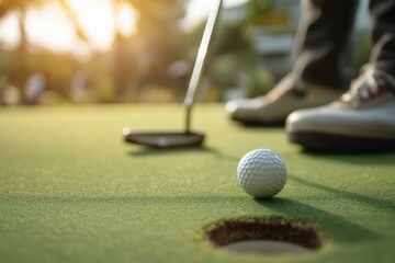 Golfer aiming to putt the ball on a smooth green, close-up of golf ball and putter in warm outdoor lighting.