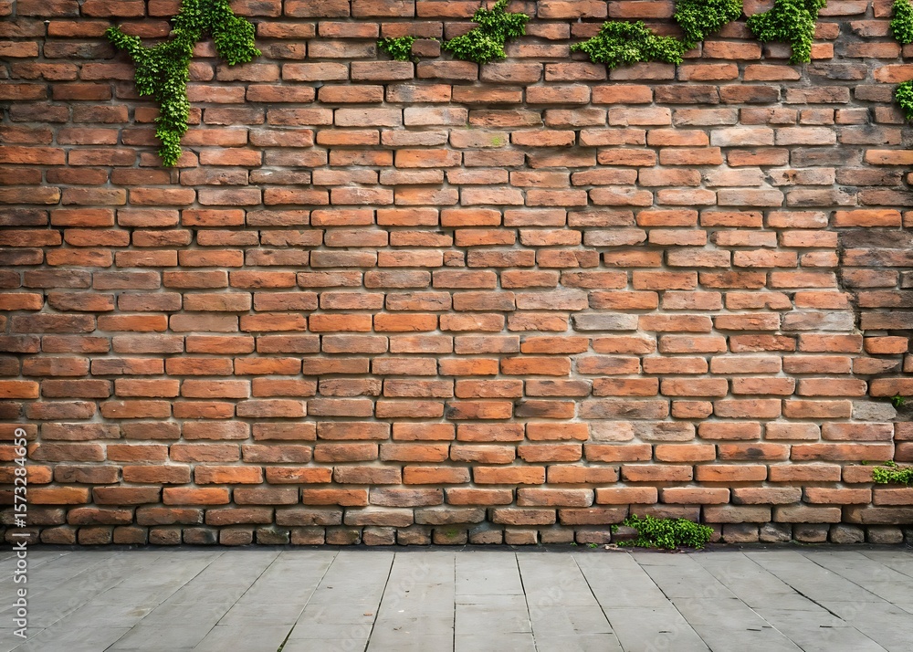 Aufkleber an old brick wall with a weathered texture and some plants growing on it creates a vintage and rusti