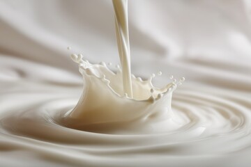 Milk splash captured mid-pour with smooth ripple effect on white surface, symbolizing freshness and purity.