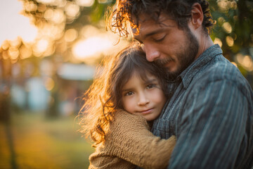 Fototapeta premium Father Embracing Daughter in Sunny Park, Symbolizing Protection and Love