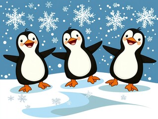 Fototapeta premium Three cheerful penguins, arms outstretched, skate across a snowy landscape. Falling snowflakes adorn a light blue sky