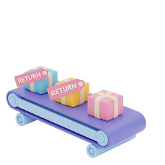 3D illustration of e-commerce product returns on a conveyor belt. Isolated on transparent background, png