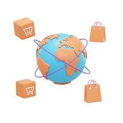 3D concept of global e-commerce with a globe, shopping bags, and packages. Isolated on transparent background, png