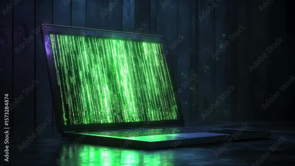 Poster digital matrix code displays on a laptop screen in a dark room with wooden walls enhancing the tech 