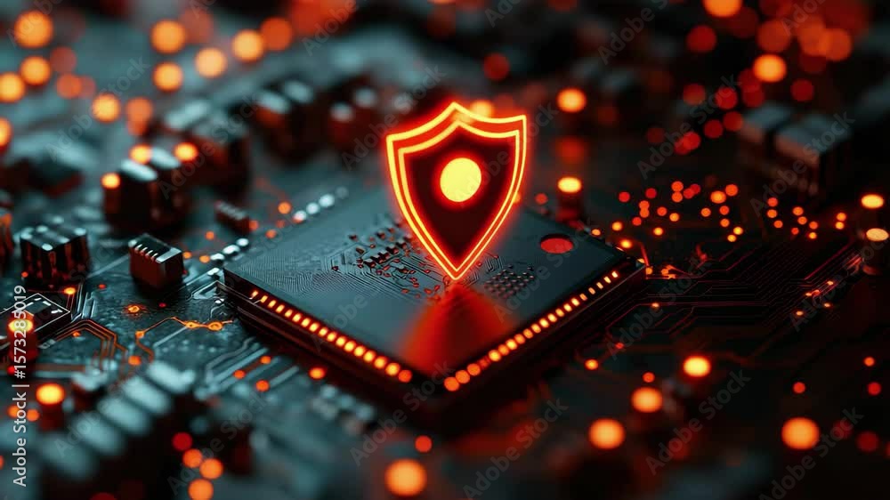 Poster digital security technology is represented by a glowing shield over a circuit board during a nightti
