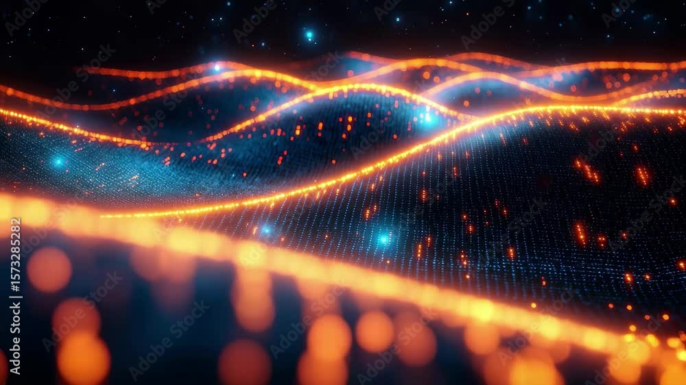 Poster visual representation of abstract waves made of light particles in a dark space