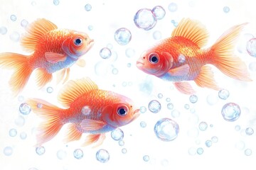 Fototapeta premium Three orange goldfish swim amidst bubbles against a white backdrop