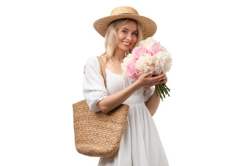 Happy woman with bouquet of beautiful peonies on white background