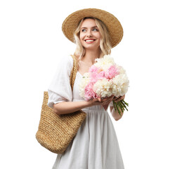 Happy woman with bouquet of beautiful peonies on white background