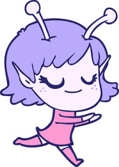 smiling alien girl cartoon in bright neon color
