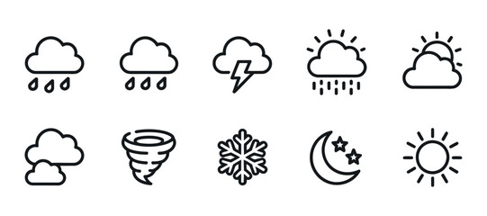 Collection of simple black line art weather icons including rain thunder sun clouds tornado snowflake and moon with stars