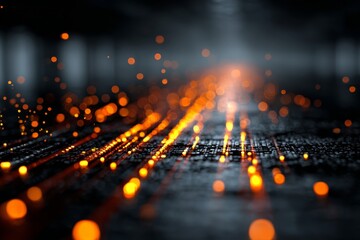 DMT laser experiment with glowing orange computer code code. Background tech image. Digital highway. Data stream