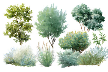 Watercolor Collection of Green Trees Shrubs and Grasses Botanical Illustrations Set of Various Foliage Plants Greenery Elements for