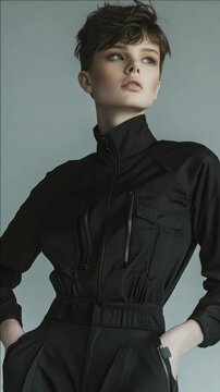 Edgy fashion model with short, dark hair and minimalistic makeup.