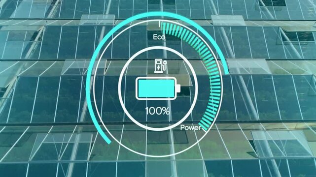 Upon overlay appearing battery interface on glass facade showing eco charge filling then retracting