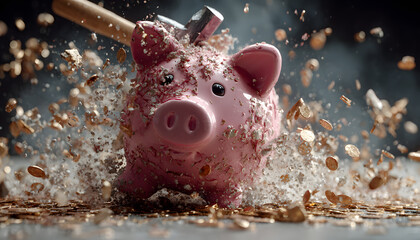 A pink piggy bank shatters into pieces as a hammer strikes it, sending coins flying in all directions, symbolizing savings, financial crisis, emergency expenses
