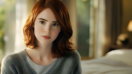 A thoughtful young woman with auburn hair gazes softly in a serene interior setting.