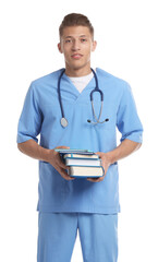 Medical student with books on white background