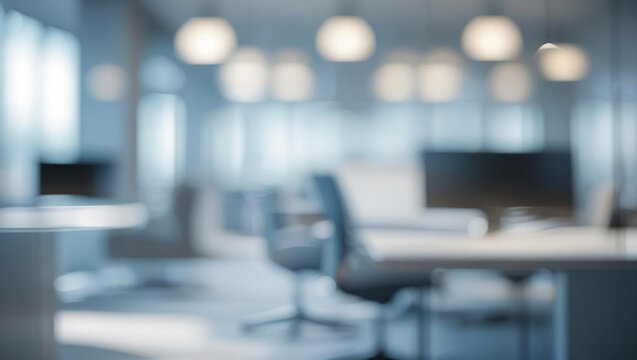 Blurred office space evokes calm. Shows modern workplace, interior design, background for marketing, web design.