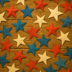 Obraz premium An artistic composition with red, white, and blue stars meticulously arranged, conveying a sense of patriotism and artistic expression. The stars are set on a textured wood background.