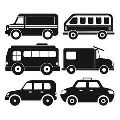 Collection of Simple Black and White Vehicle Icons Vans, Buses, Trucks, and Cars
