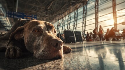 Dog lying on floor at airport waiting for flight departure