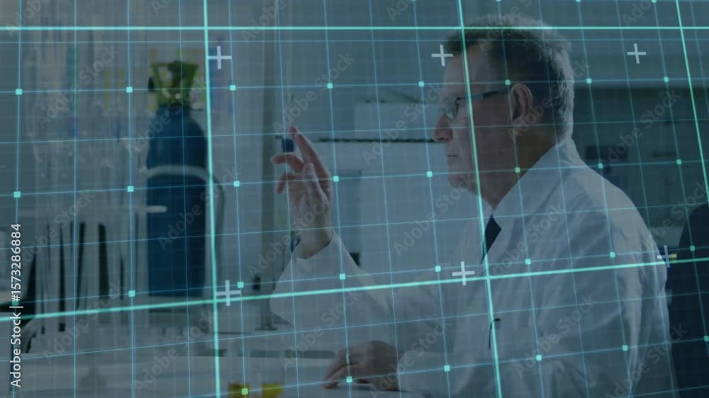 Poster senior scientist raising and pinching holographic grid point at lab bench adjusting data display