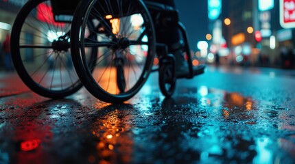 A close-up, slow-motion view of a wheelchair wheel on wet, neon-lit pavement, creating an atmospheric and artistic urban scene.
