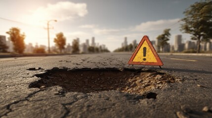 Warning sign showing pothole damage on asphalt road in the city