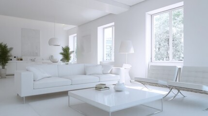all white interior, white walls, white furniture, soft natural light, clean modern space, calm atmosphere, minimal decorations 